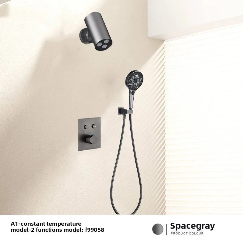 Aston-Camera Wall Mounted Thermostatic Shower Set Gunmetal Grey All Copper Concealed Rain Shower Head