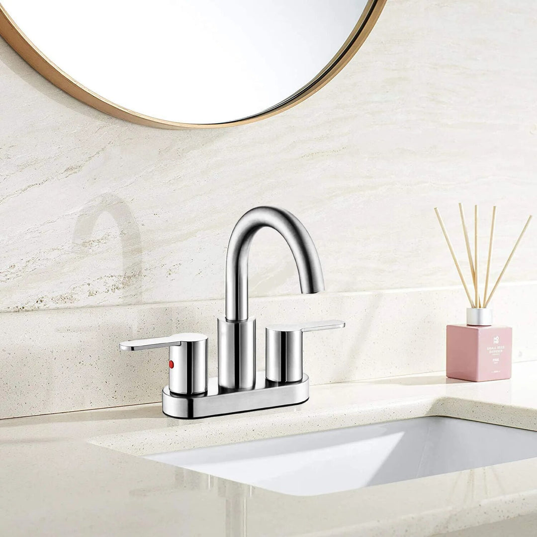 Brushed gold 4 inch wide spread bathroom faucet
