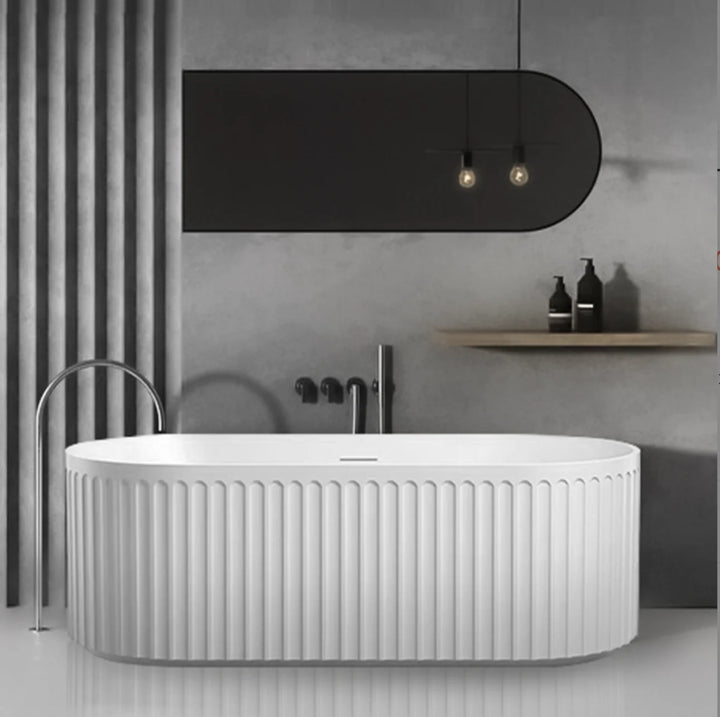 Classic Deep Soaking Oval Bathtub Alone Solid Surface Center Drain Glossy White 70"