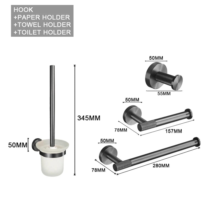 Grey Gun Metal Bathroom Hardware Set Accessories Kit Stainless Steel Round Wall Rack Hand Bar Toilet Roll Paper Holder Robe Towel Hook