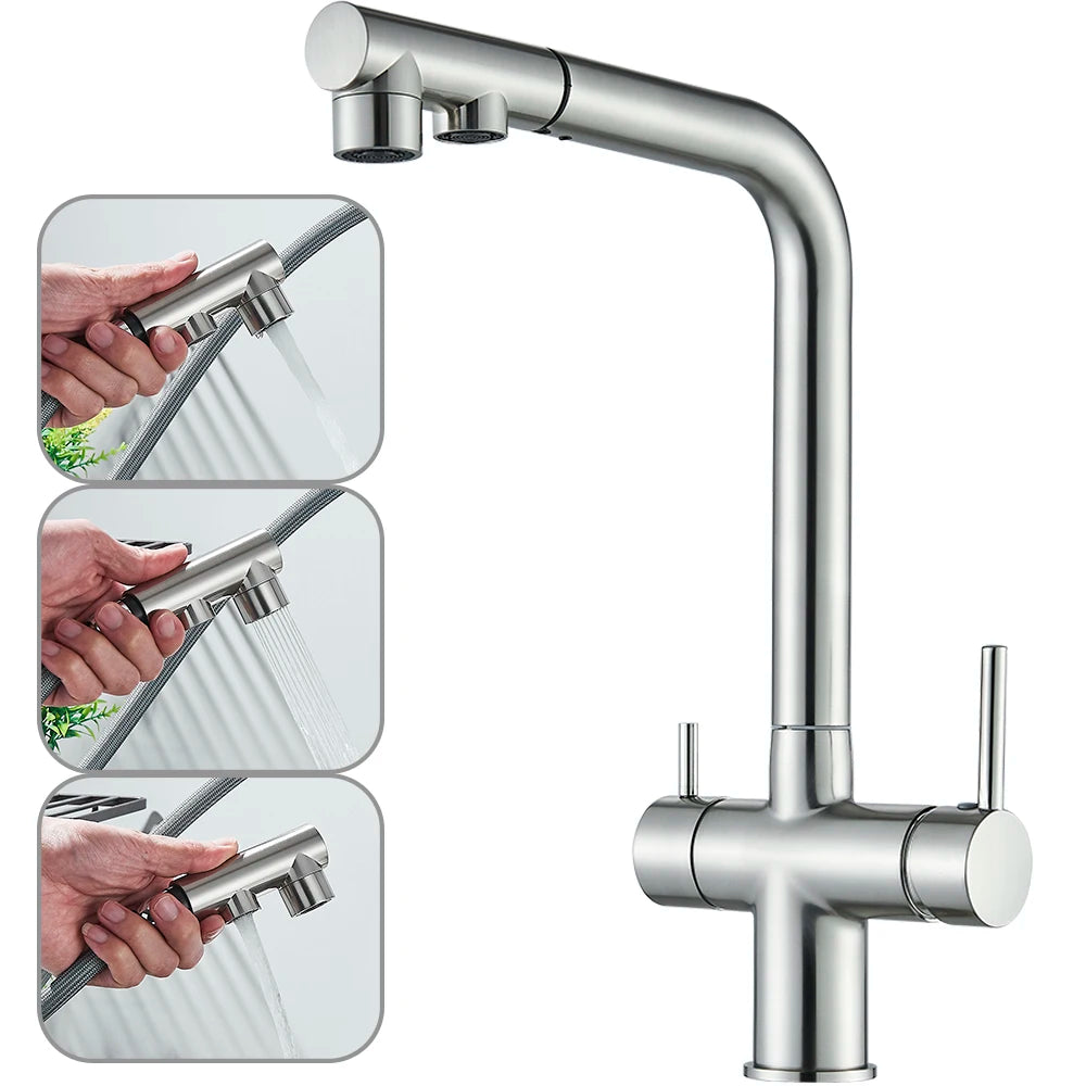 NORWAY 3-Filtered Kitchen Sink Faucet with Pull Down Sprayer 2 Handle 3 in 1 Water Filter Purifier Faucet Dual Sprayer Drinking Water Tap