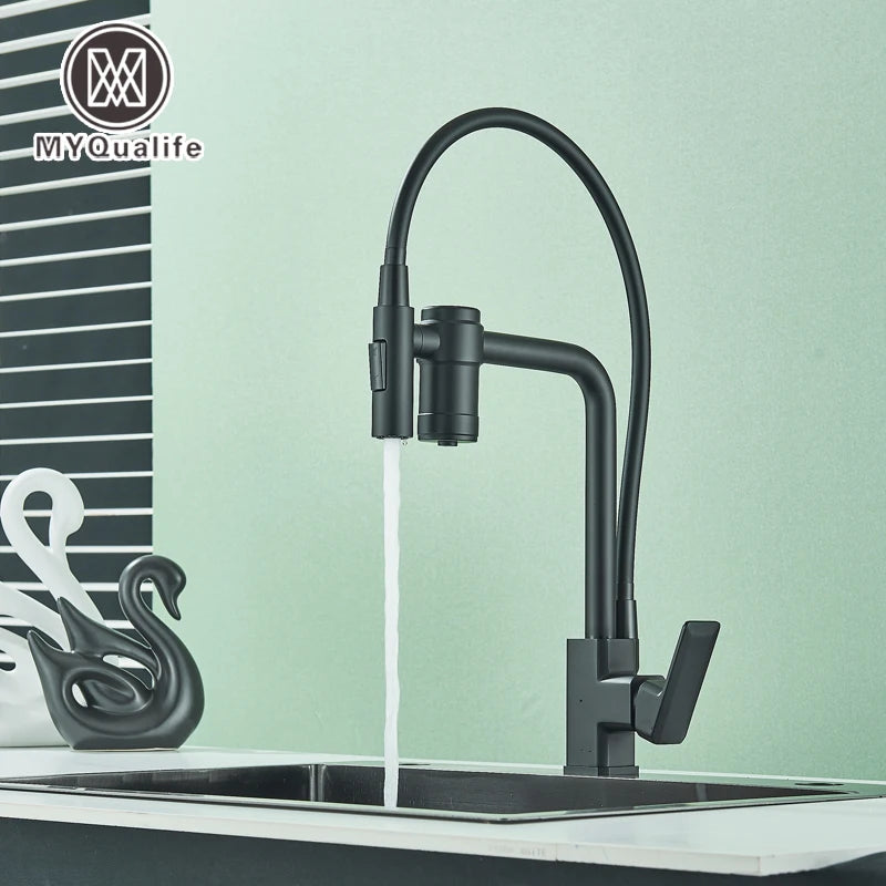 Gun Grey Pure Water Filter Kitchen Faucet Dual Handle Hot and Cold Drinking Water Pull Out Mixer Soft Hose Crane Purification