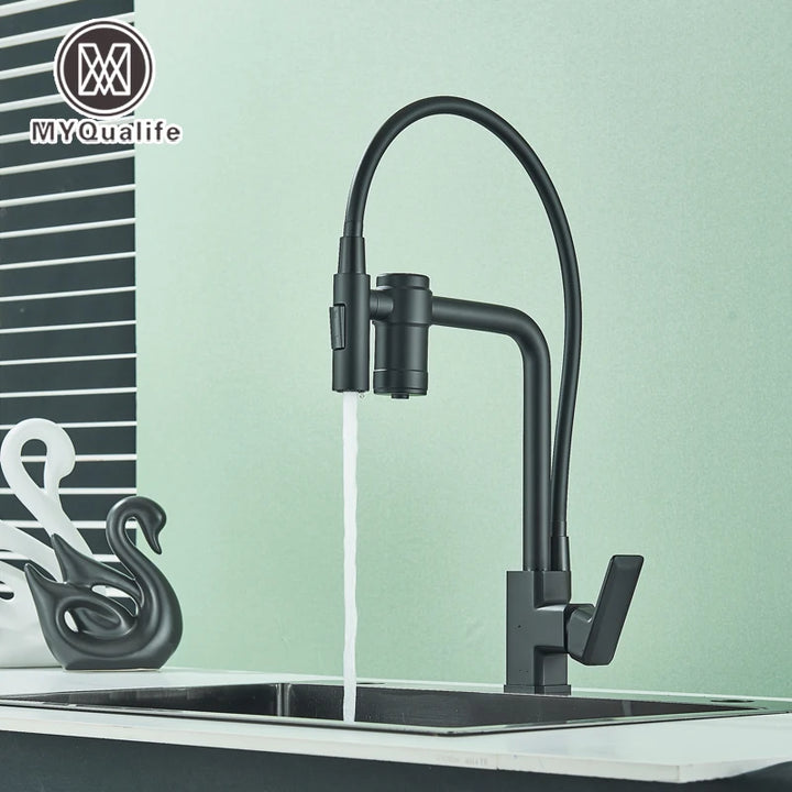 Gun Grey Pure Water Filter Kitchen Faucet Dual Handle Hot and Cold Drinking Water Pull Out Mixer Soft Hose Crane Purification