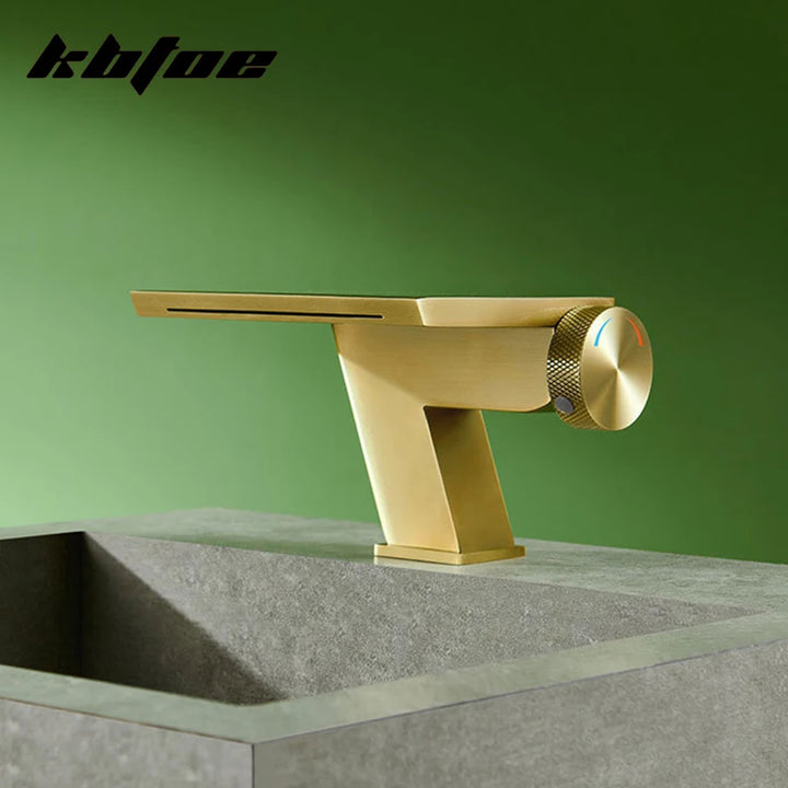 Doberman-Gun Gray/Brushed Gold Waterfall Basin Faucet Bathroom Cold Hot Knob Switch Toilet Sink Mixer Tap Deck Mounted Modern Vanity Tap