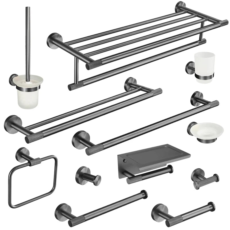 Grey Gun Metal Bathroom Hardware Set Accessories Kit Stainless Steel Round Wall Rack Hand Bar Toilet Roll Paper Holder Robe Towel Hook