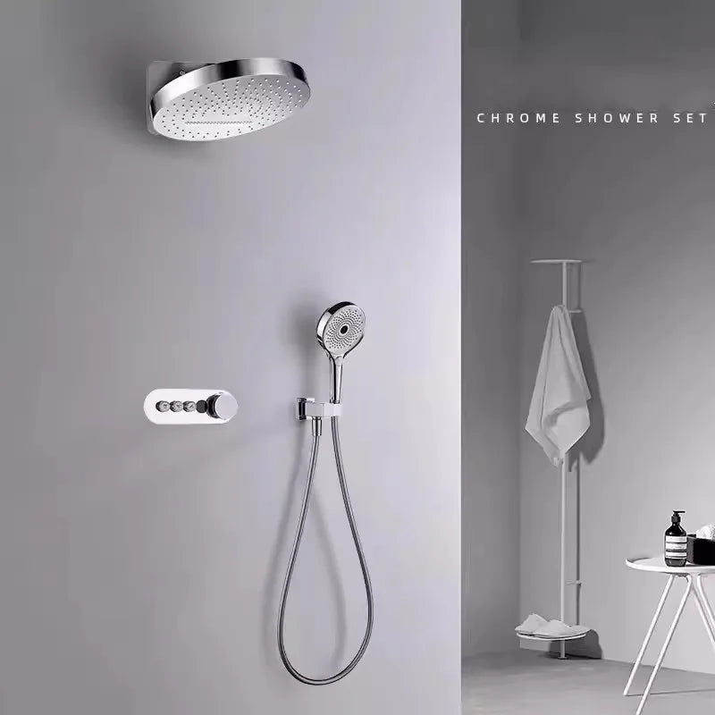 Hanz-Rainfall Shower Set Wall Mounted Gray Thermostatic Shower Faucet Set Digital Display Bathroom Bath & Shower Mixer Tap Brass