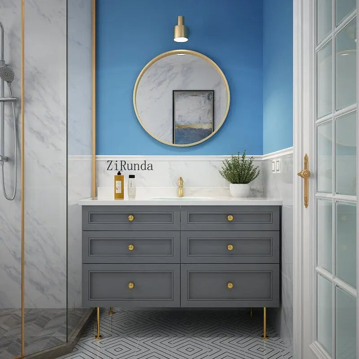 Manchester Oak bathroom cabinet, washstand, bathroom cabinet, mirror cabinet, round mirror combination sink, washbasin.