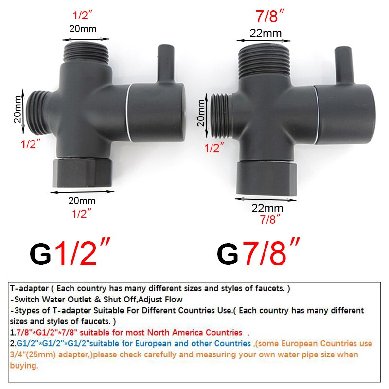 black G7/8" G1/2" 20mm 22mm male Diverter T Valve 3 way Tee Filling valve Water toilet Bathroom Shower Head connector Adapter US