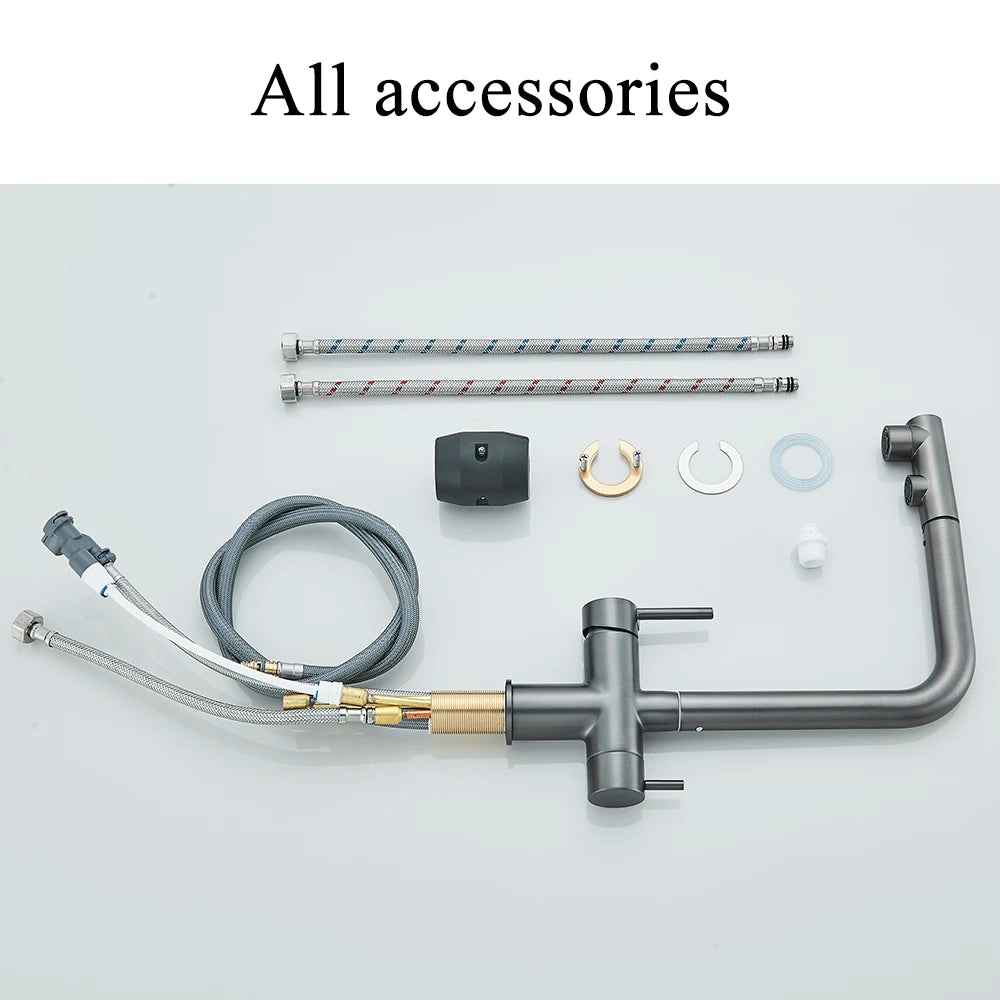 NORWAY 3-Filtered Kitchen Sink Faucet with Pull Down Sprayer 2 Handle 3 in 1 Water Filter Purifier Faucet Dual Sprayer Drinking Water Tap