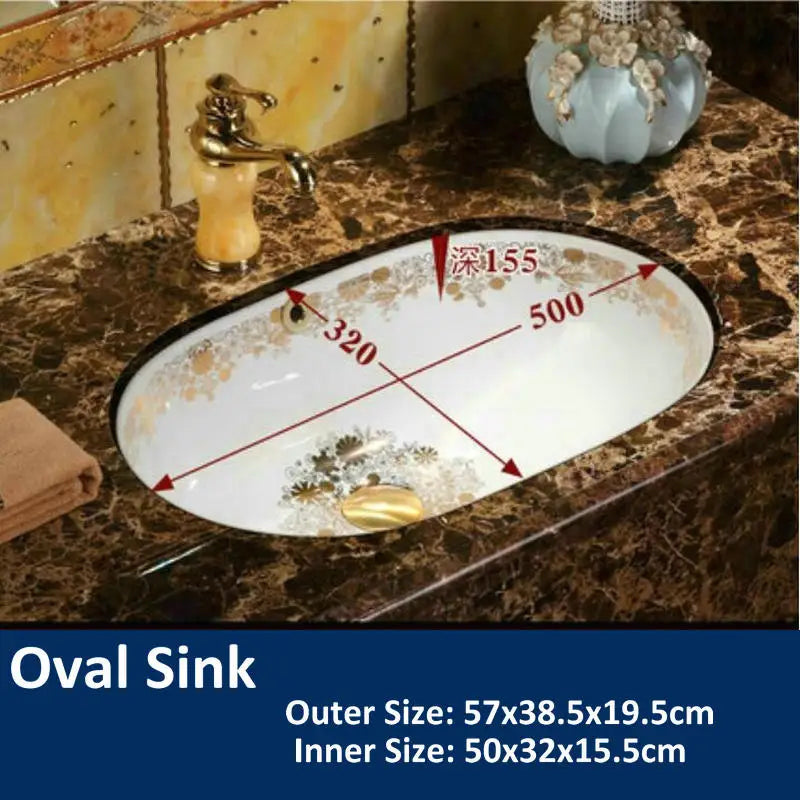 Artisan Victorian  Sunflower Rectangular Lavabo Undercounter Oval Ceramic Wash Basin with Overflow Drop In Bathroom Vanity Sink