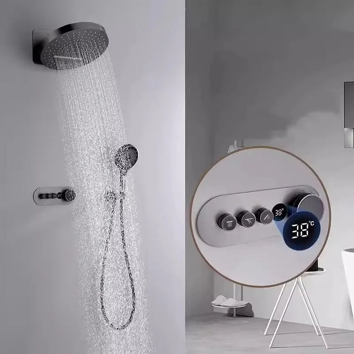 Hanz-Rainfall Shower Set Wall Mounted Gray Thermostatic Shower Faucet Set Digital Display Bathroom Bath & Shower Mixer Tap Brass