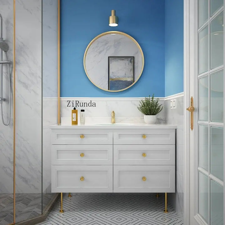 Manchester Oak bathroom cabinet, washstand, bathroom cabinet, mirror cabinet, round mirror combination sink, washbasin.