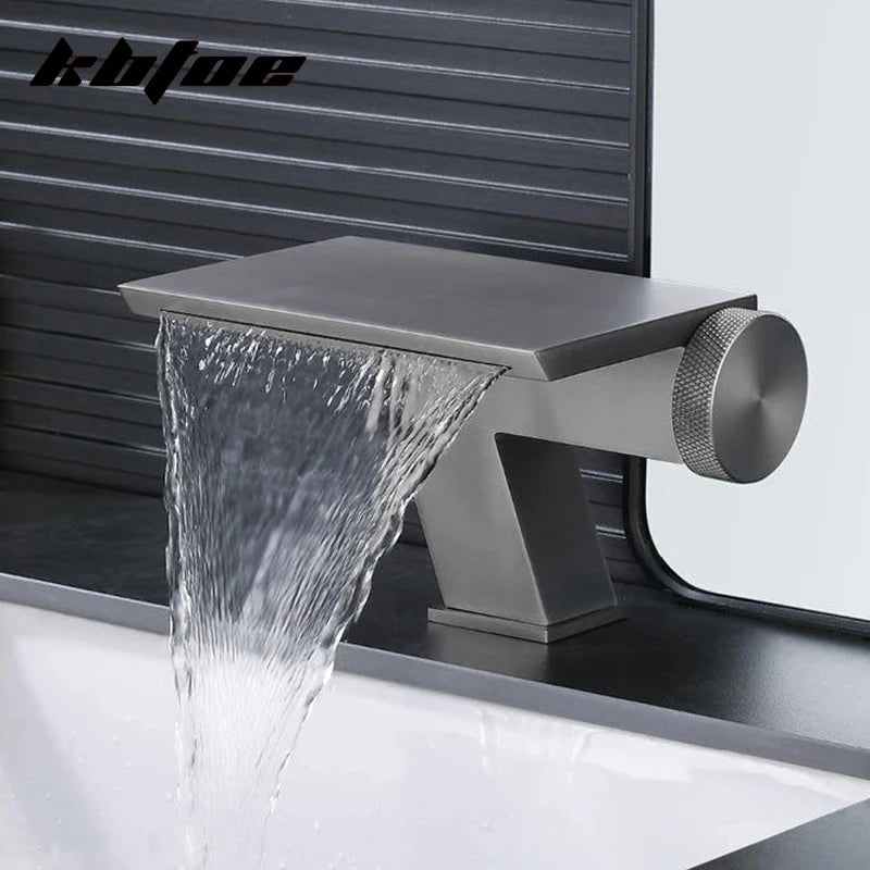 Doberman-Gun Gray/Brushed Gold Waterfall Basin Faucet Bathroom Cold Hot Knob Switch Toilet Sink Mixer Tap Deck Mounted Modern Vanity Tap