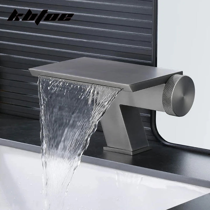 Doberman-Gun Gray/Brushed Gold Waterfall Basin Faucet Bathroom Cold Hot Knob Switch Toilet Sink Mixer Tap Deck Mounted Modern Vanity Tap
