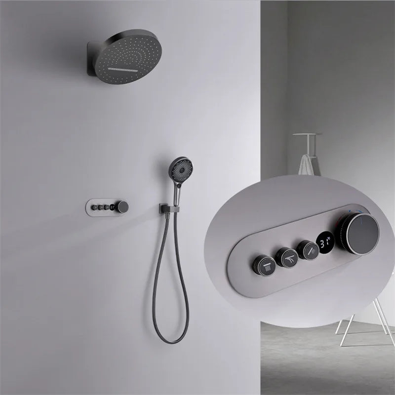 Hanz-Rainfall Shower Set Wall Mounted Gray Thermostatic Shower Faucet Set Digital Display Bathroom Bath & Shower Mixer Tap Brass