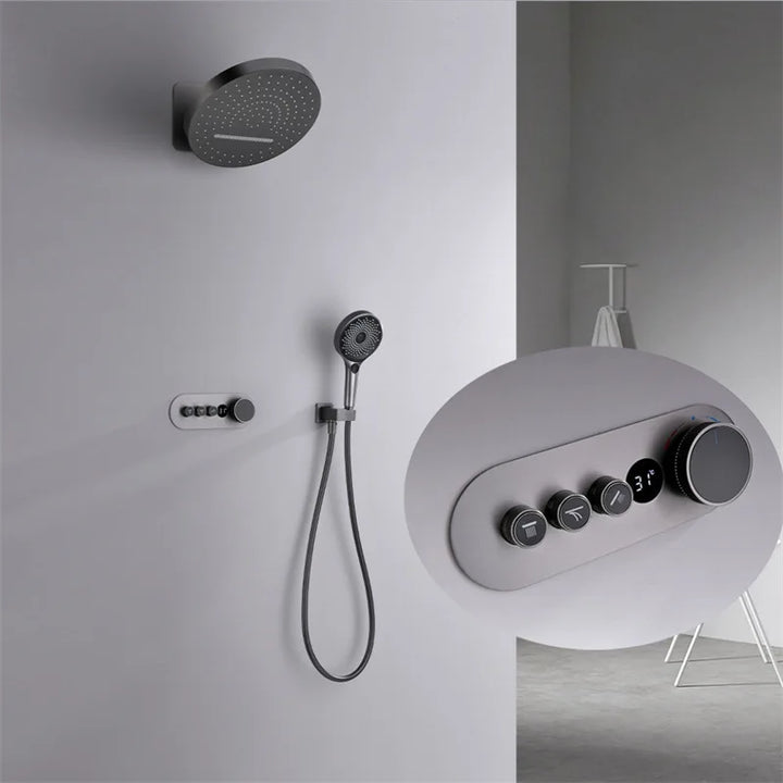 Hanz-Rainfall Shower Set Wall Mounted Gray Thermostatic Shower Faucet Set Digital Display Bathroom Bath & Shower Mixer Tap Brass