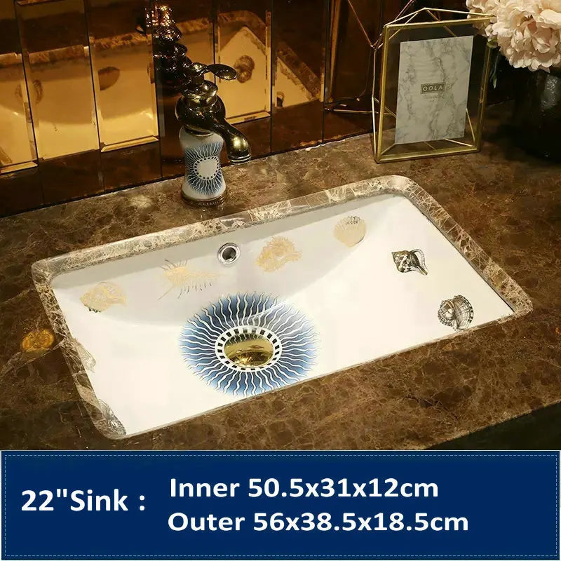 Victorian Artistic Ocean Breeze Rectangular Undercounter Wash Basin Mediterranean Styles Ceramic Drop-in Bathroom Sink