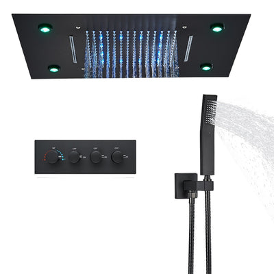 LED Ceiling flush mount 20"x15" rain waterfall thermostatic 4 way function diverter with hand held and 6 body jets shower set