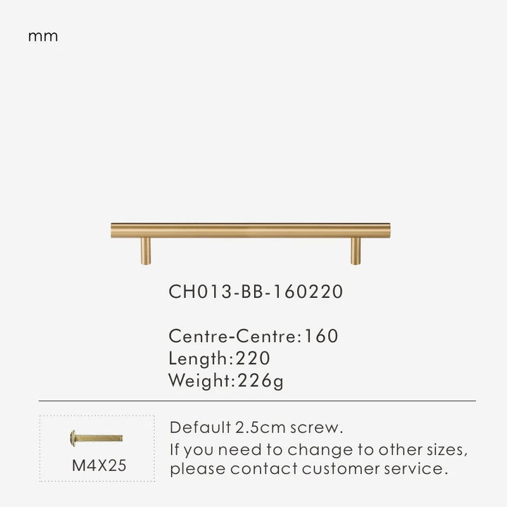 Nurlin Solid Brass Round Rod T-shaped Cabinet Handle Extended Long Wardrobe Drawer Refrigerator Kitchen door Pull Furniture