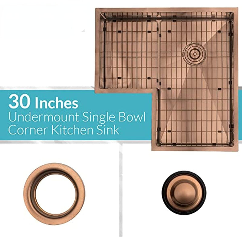 Brushed Gold-Rose Gold Corner 30" Inch stainless steel single bowl undermount kitchen sink 16 gauge