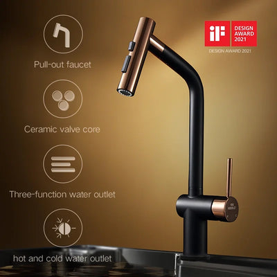 Black with rose gold -New 2024 Nordic design dual pull spray kitchen faucet