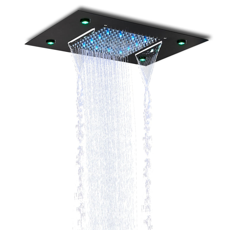 Black LED Rain Waterfall Shower Head Remote Control LED Colors Ceiling Mounted Shower Head 50*35cm