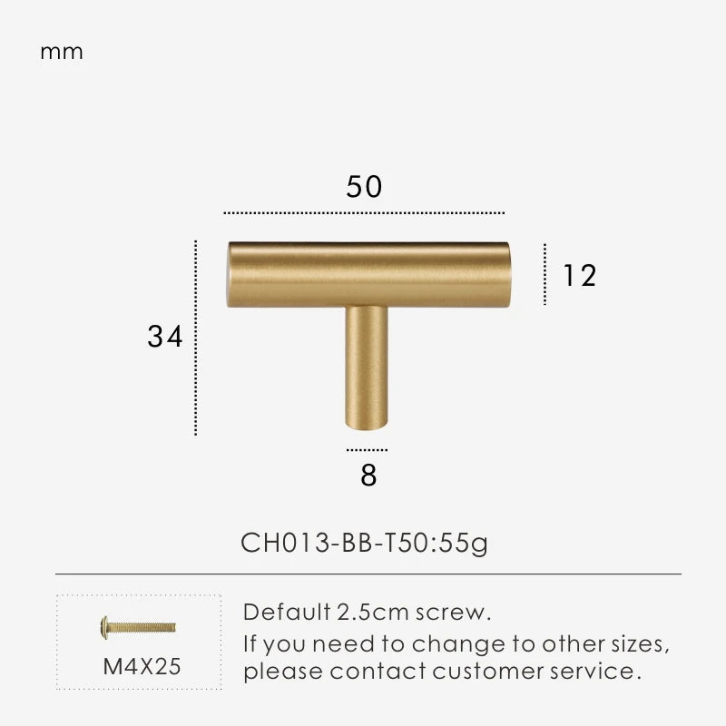 Nurlin Solid Brass Round Rod T-shaped Cabinet Handle Extended Long Wardrobe Drawer Refrigerator Kitchen door Pull Furniture