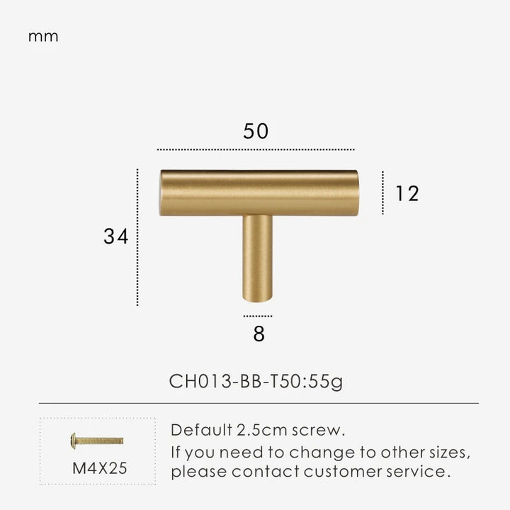 Nurlin Solid Brass Round Rod T-shaped Cabinet Handle Extended Long Wardrobe Drawer Refrigerator Kitchen door Pull Furniture