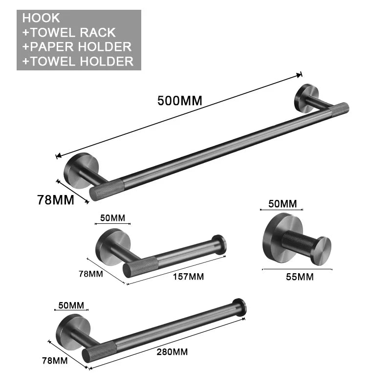 Grey Gun Metal Bathroom Hardware Set Accessories Kit Stainless Steel Round Wall Rack Hand Bar Toilet Roll Paper Holder Robe Towel Hook