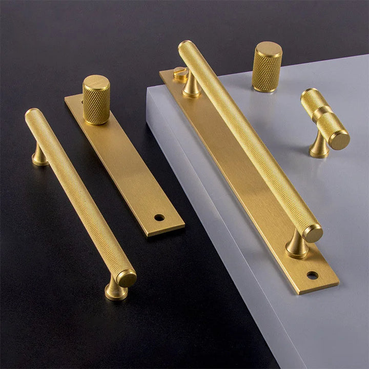 Brass Knurled Cabinet Handles Wardrobe Bar Pull with Baseplate Textured Furniture Door Handle with Baseboard Drawer Knobs