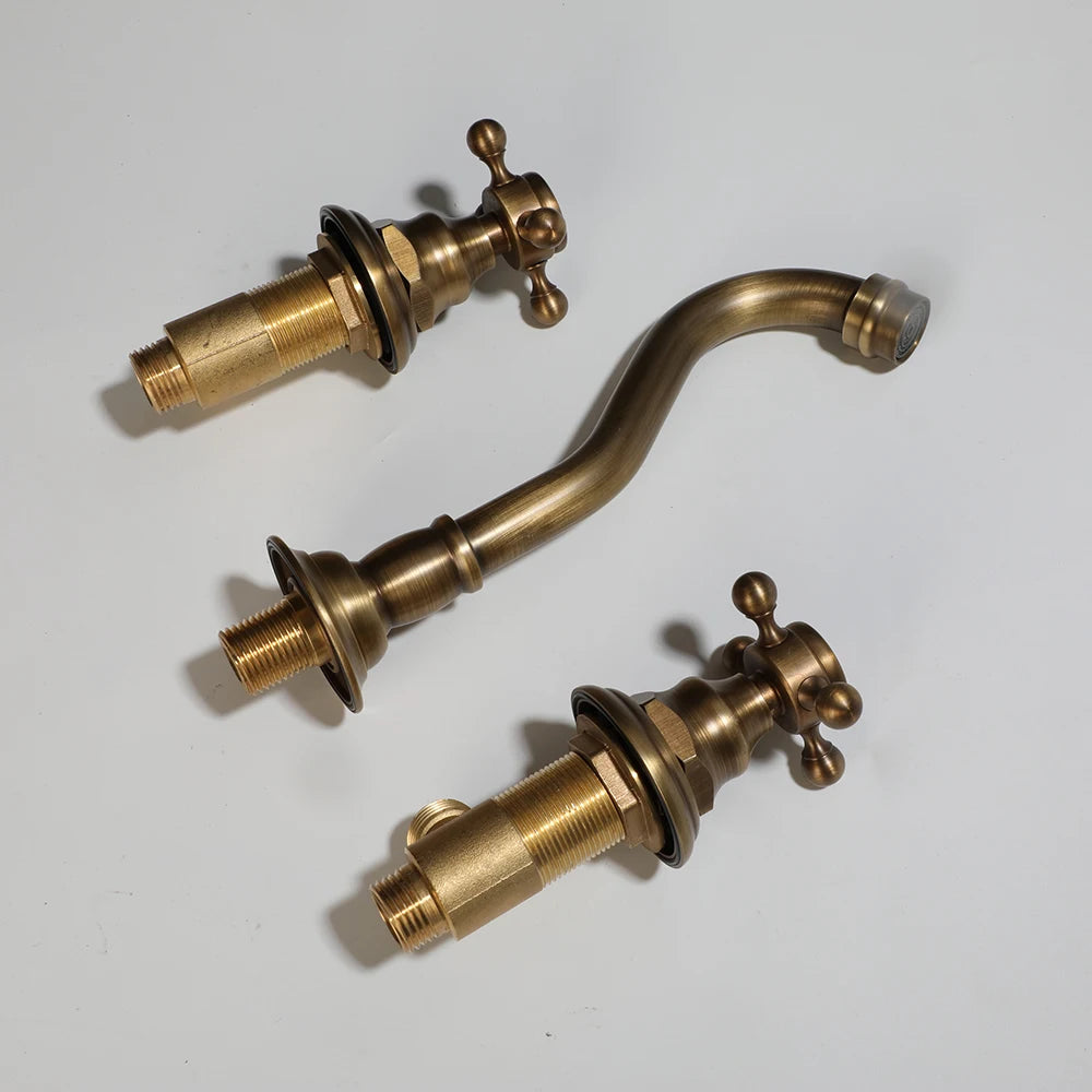 Victorian  Antique Brass Widespread Wall Mount Bathroom Faucet with 360 Swivel Spout Double Cross Handles Vanity Sink Mixer Tap