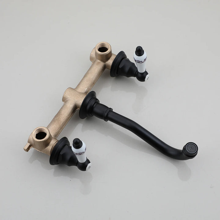 Richard II- Victorian Antique Brass Bathroom Widespread Sink Faucet Wall Mount 3 Holes 2 lever Knobs Brass Lavatory Basin Mixer Tap Mixing