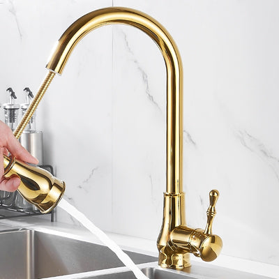 Gold Victorian pull out dual sprayer kitchen faucet