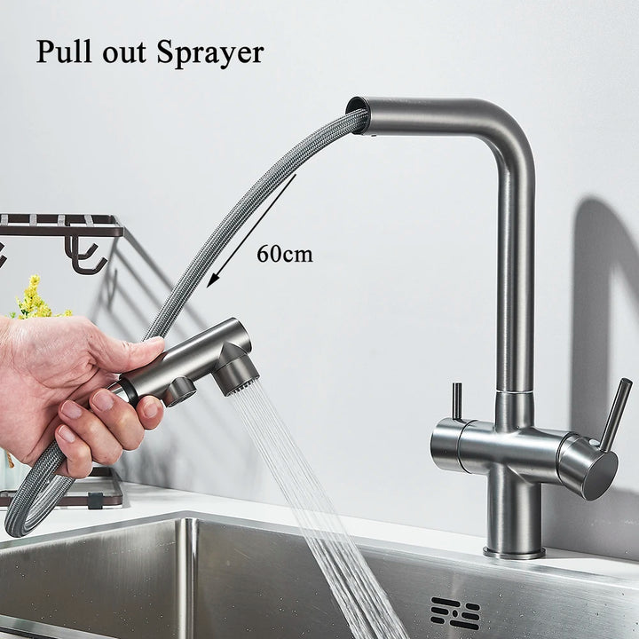 NORWAY 3-Filtered Kitchen Sink Faucet with Pull Down Sprayer 2 Handle 3 in 1 Water Filter Purifier Faucet Dual Sprayer Drinking Water Tap