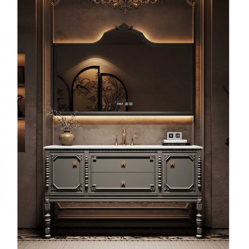 French Luis XIV Retro Oak Bathroom Vanity Cabinet Floor-to-Ceiling Rock Slab Washstand with Mirror And Light Solid Wood