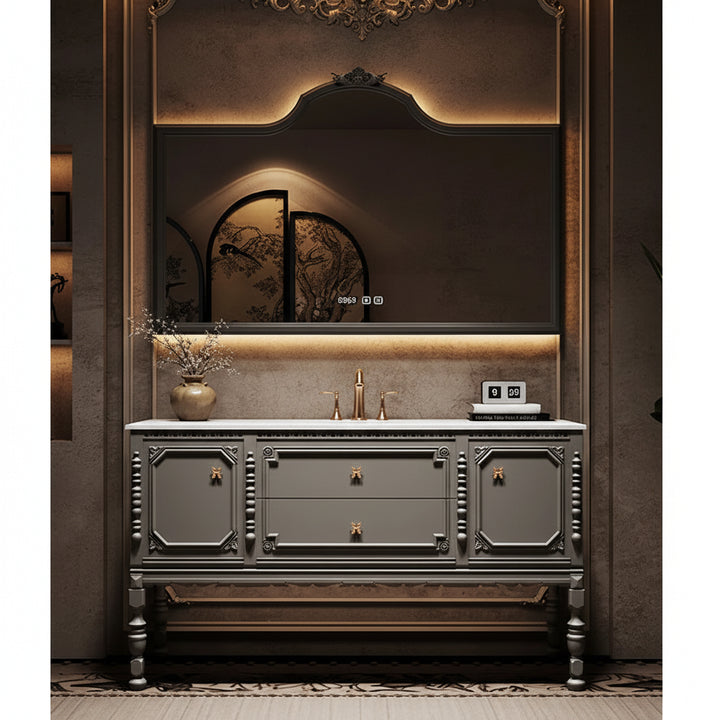 French Luis XIV Retro Oak Bathroom Vanity Cabinet Floor-to-Ceiling Rock Slab Washstand with Mirror And Light Solid Wood