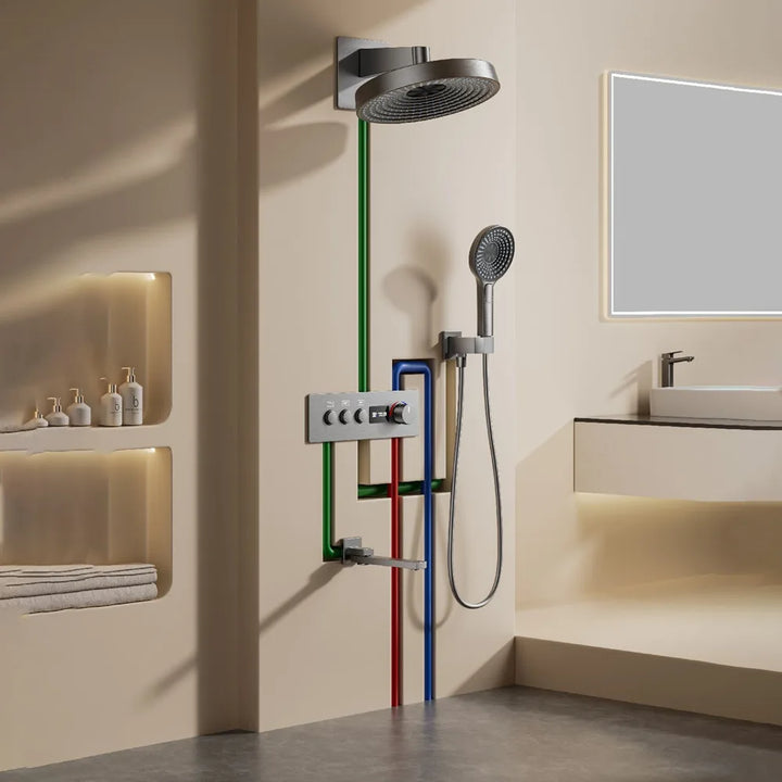 Round Thermostatic Bathroom Shower Faucet In Wall Black  Bath and Shower Faucet Set  Thermostatic Mixer Bath and Rainfall Shower