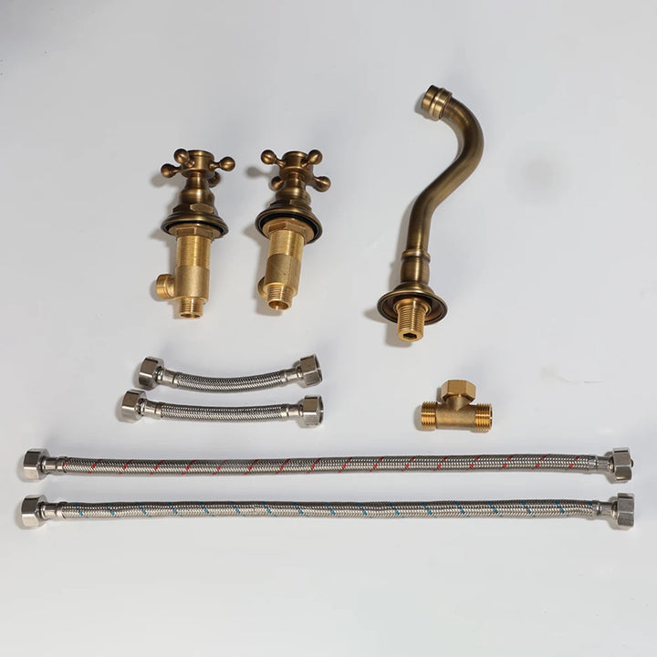 Victorian  Antique Brass Widespread Wall Mount Bathroom Faucet with 360 Swivel Spout Double Cross Handles Vanity Sink Mixer Tap