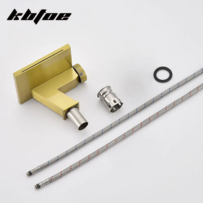 Doberman-Gun Gray/Brushed Gold Waterfall Basin Faucet Bathroom Cold Hot Knob Switch Toilet Sink Mixer Tap Deck Mounted Modern Vanity Tap