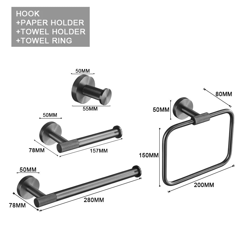 Grey Gun Metal Bathroom Hardware Set Accessories Kit Stainless Steel Round Wall Rack Hand Bar Toilet Roll Paper Holder Robe Towel Hook