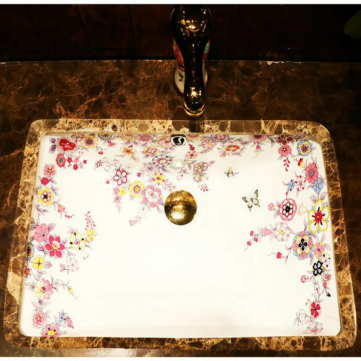 Victorian Artisan  Artistic Home Decoration Blooming Flowers Rectangular Under Counter Ceramic Wash Basin Drop-in Bathroom Vanity Sink
