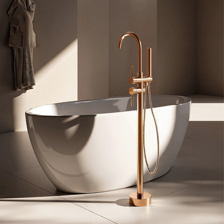 Zig- Brass Bathroom Freestanding Bathtub filler faucet. Floor Standing Design with Simple 2 Handle Hot and Cold Bathtub and Dual-Mode Faucet