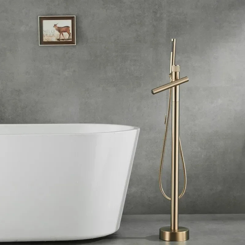 Browning - Brushed Gold Floor Stand Bathtub Faucet Brush Gold Bathtub Stand Tap Shower Mixer Brass Shower Gold  Floor Bathtub Stand Faucet