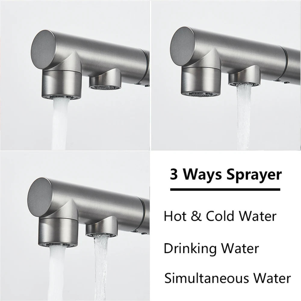 NORWAY 3-Filtered Kitchen Sink Faucet with Pull Down Sprayer 2 Handle 3 in 1 Water Filter Purifier Faucet Dual Sprayer Drinking Water Tap