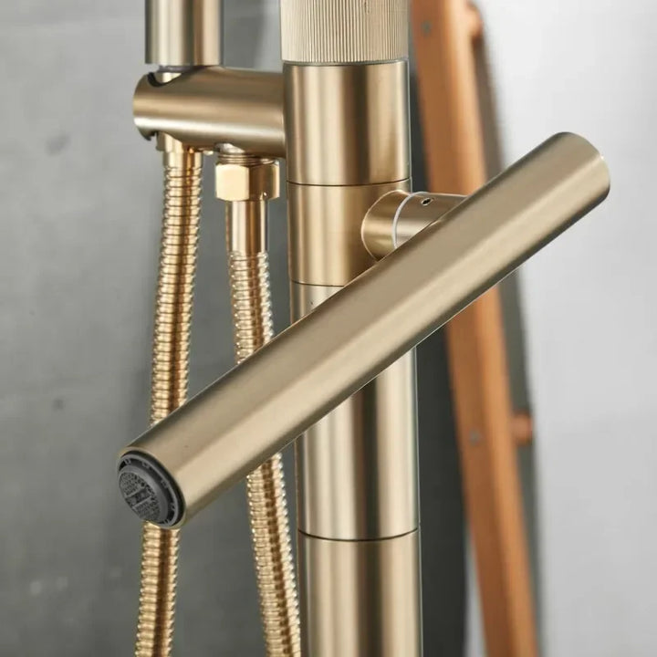 Browning - Brushed Gold Floor Stand Bathtub Faucet Brush Gold Bathtub Stand Tap Shower Mixer Brass Shower Gold  Floor Bathtub Stand Faucet
