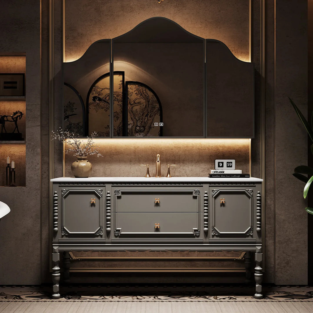 French Luis XIV Retro Oak Bathroom Vanity Cabinet Floor-to-Ceiling Rock Slab Washstand with Mirror And Light Solid Wood