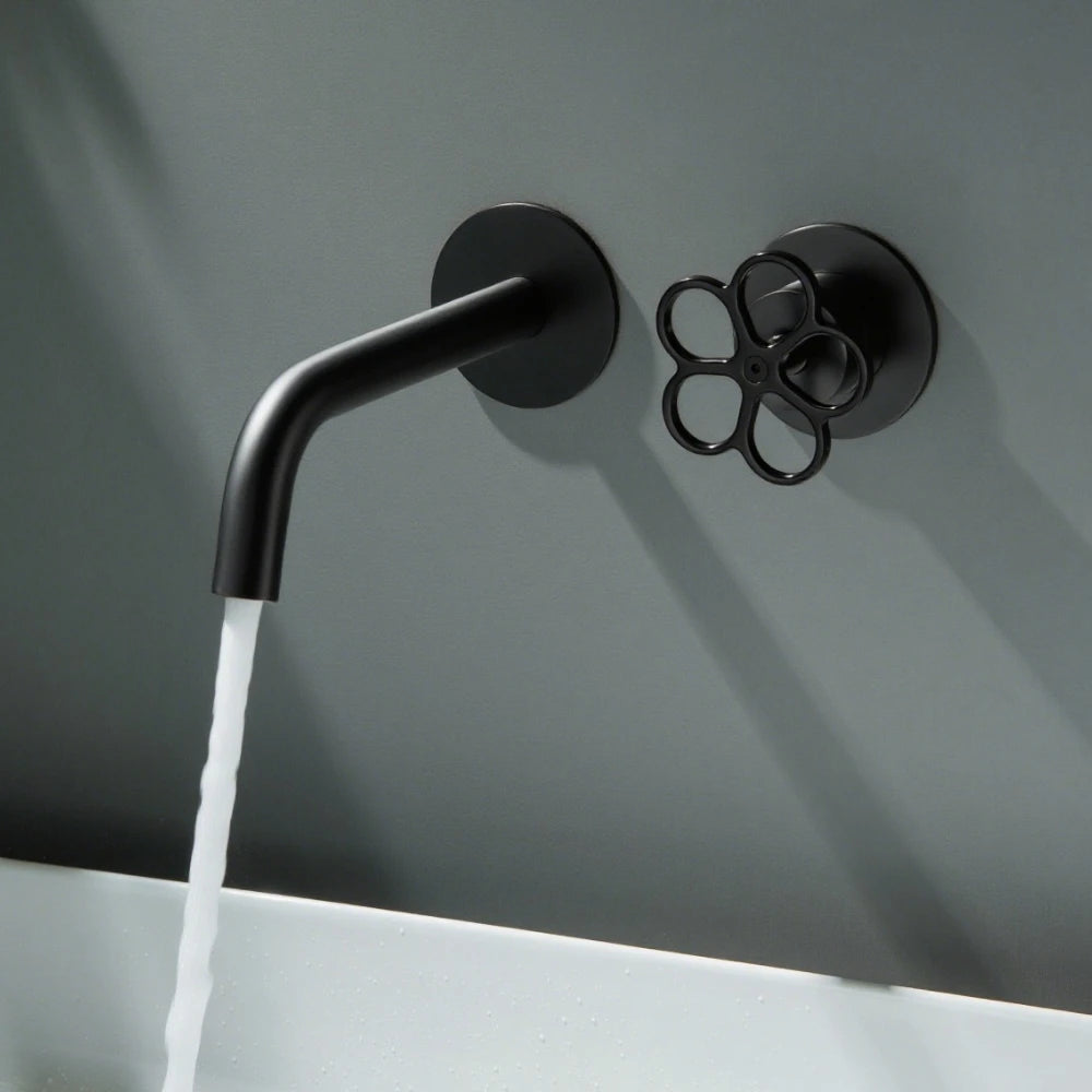 Apollonia-Wall Mounted Bathroom Basin Faucet with Plum Handle Hot Cold Water Mixer Tap
