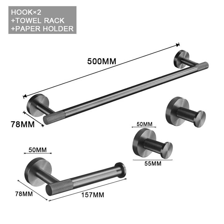 Grey Gun Metal Bathroom Hardware Set Accessories Kit Stainless Steel Round Wall Rack Hand Bar Toilet Roll Paper Holder Robe Towel Hook