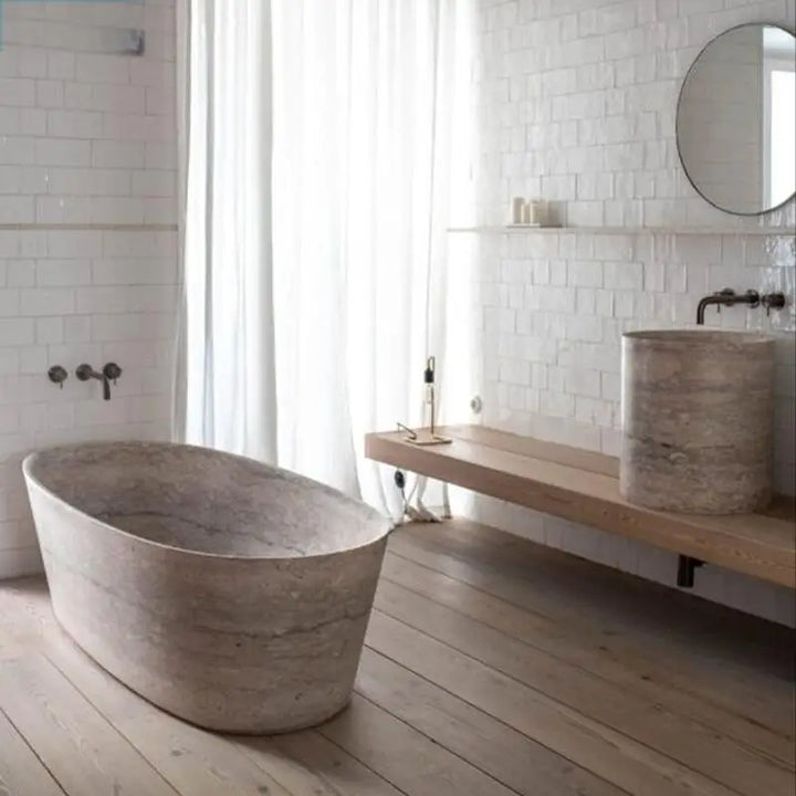 Natural Marble Bathtub, Carved Minimalist Luxury, Custom Hotel/Villa Bathroom, Artistic，Indoor/Outdoor Shower