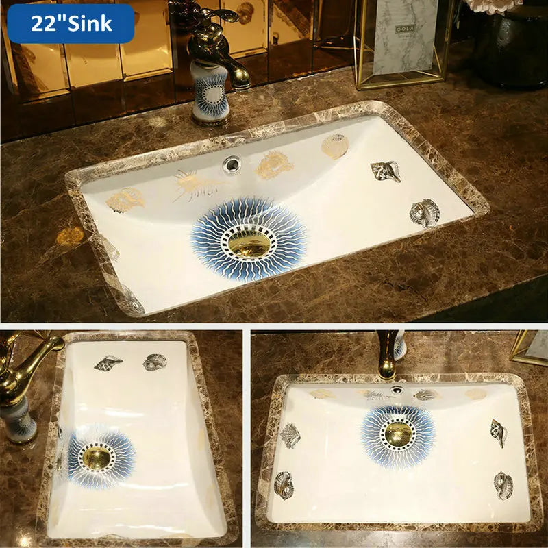 Victorian Artistic Ocean Breeze Rectangular Undercounter Wash Basin Mediterranean Styles Ceramic Drop-in Bathroom Sink